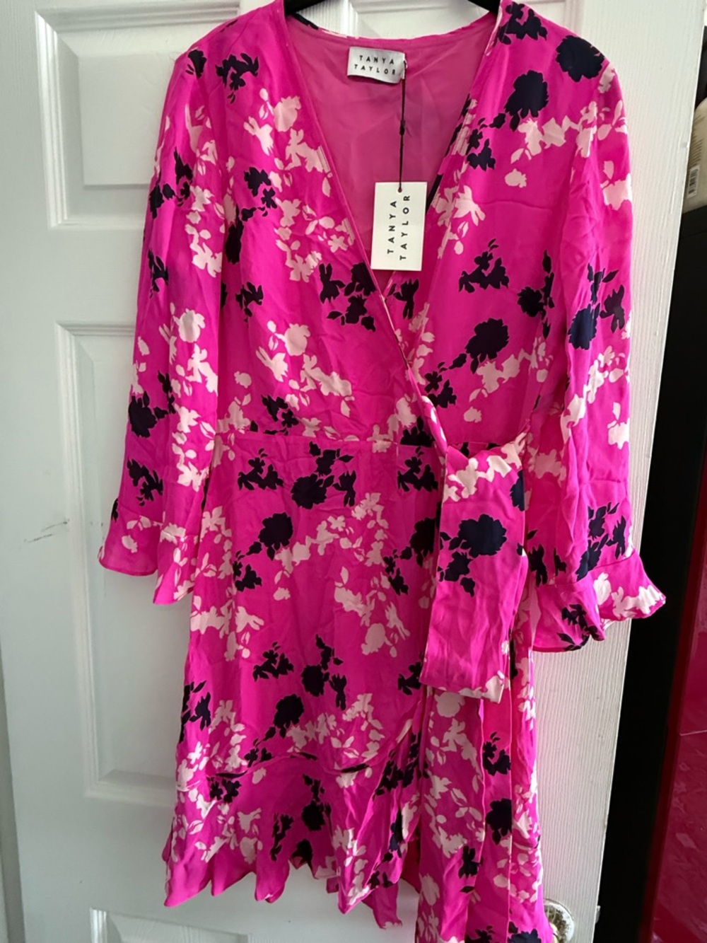 Tanya Taylor Fuchsia Floral Wrap Dress with Black & Pale Pink Print